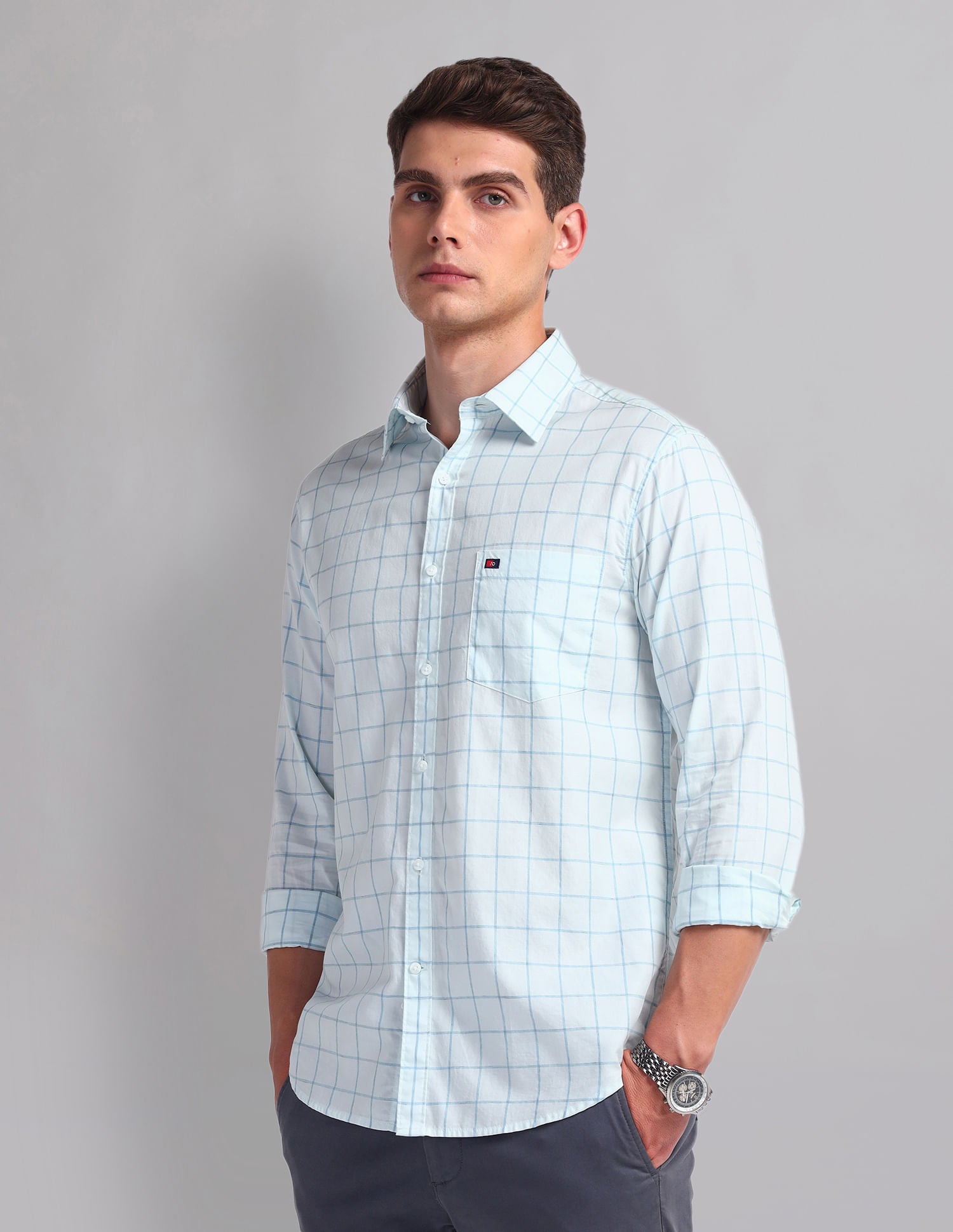Office essential Windowpane Check Cotton Shirt