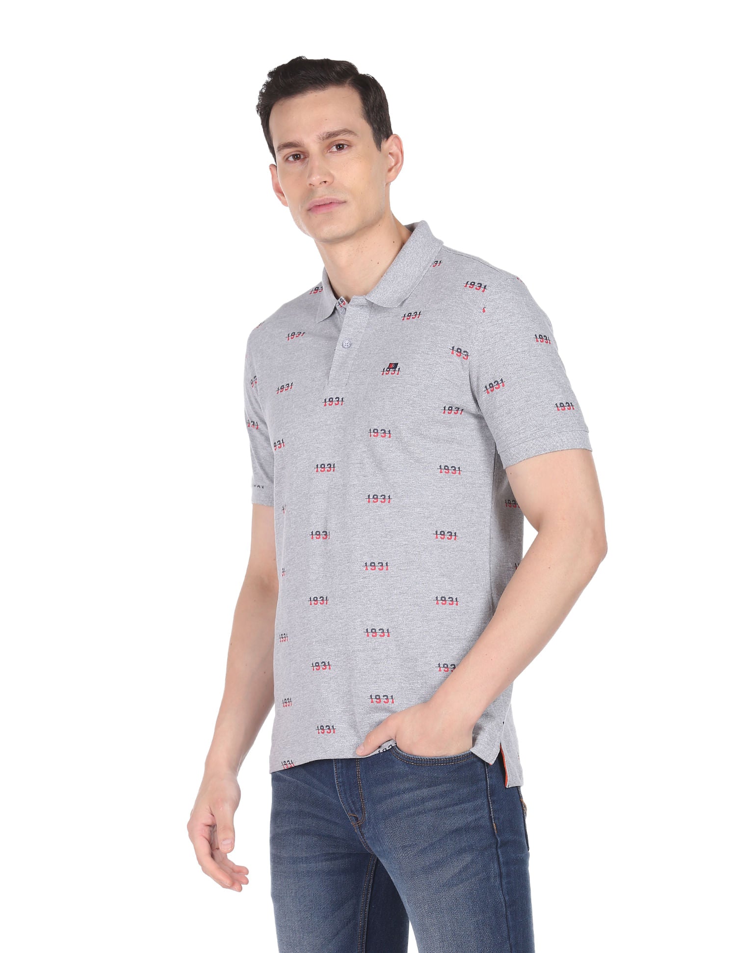 Textured Heathered Typography Print Cotton Polo Shirt