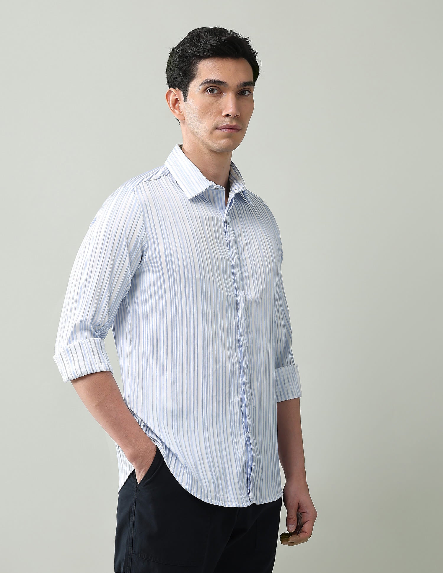 Noir Luxe Vertical Striped Slim Fit Dobby Weave Shirt