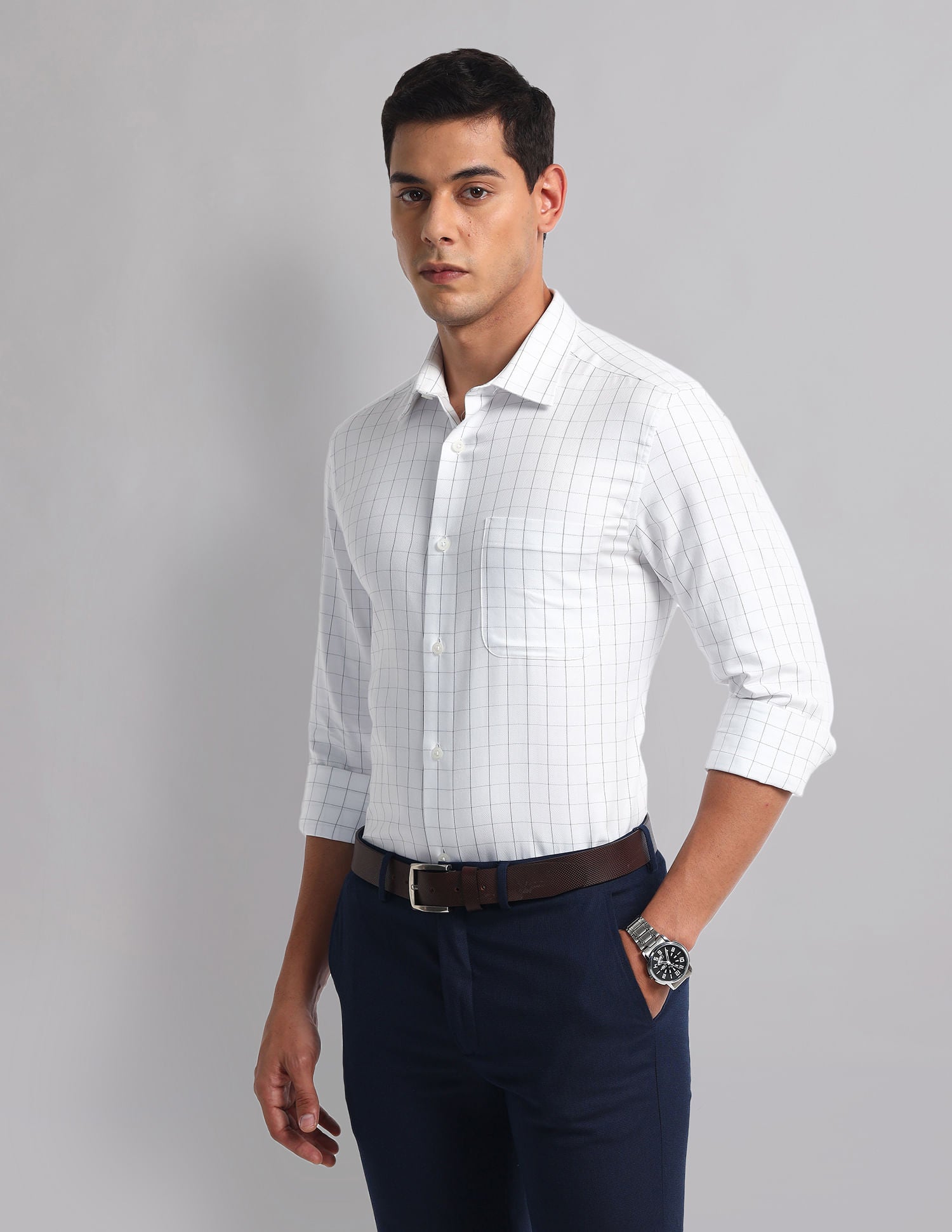Office essential Windowpane Check Cotton Shirt