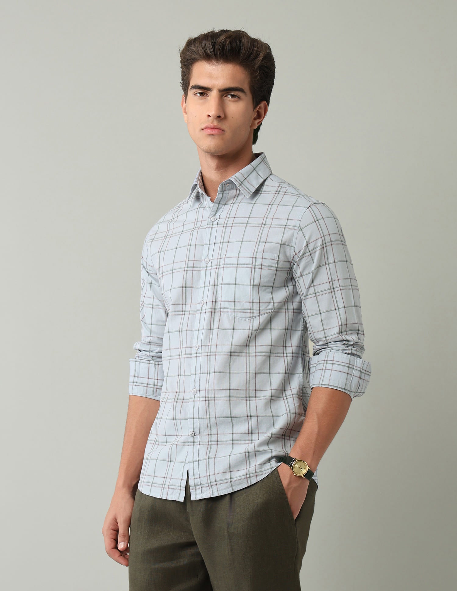 Blue Windowpane Checked Modern Slim Fit Shirt