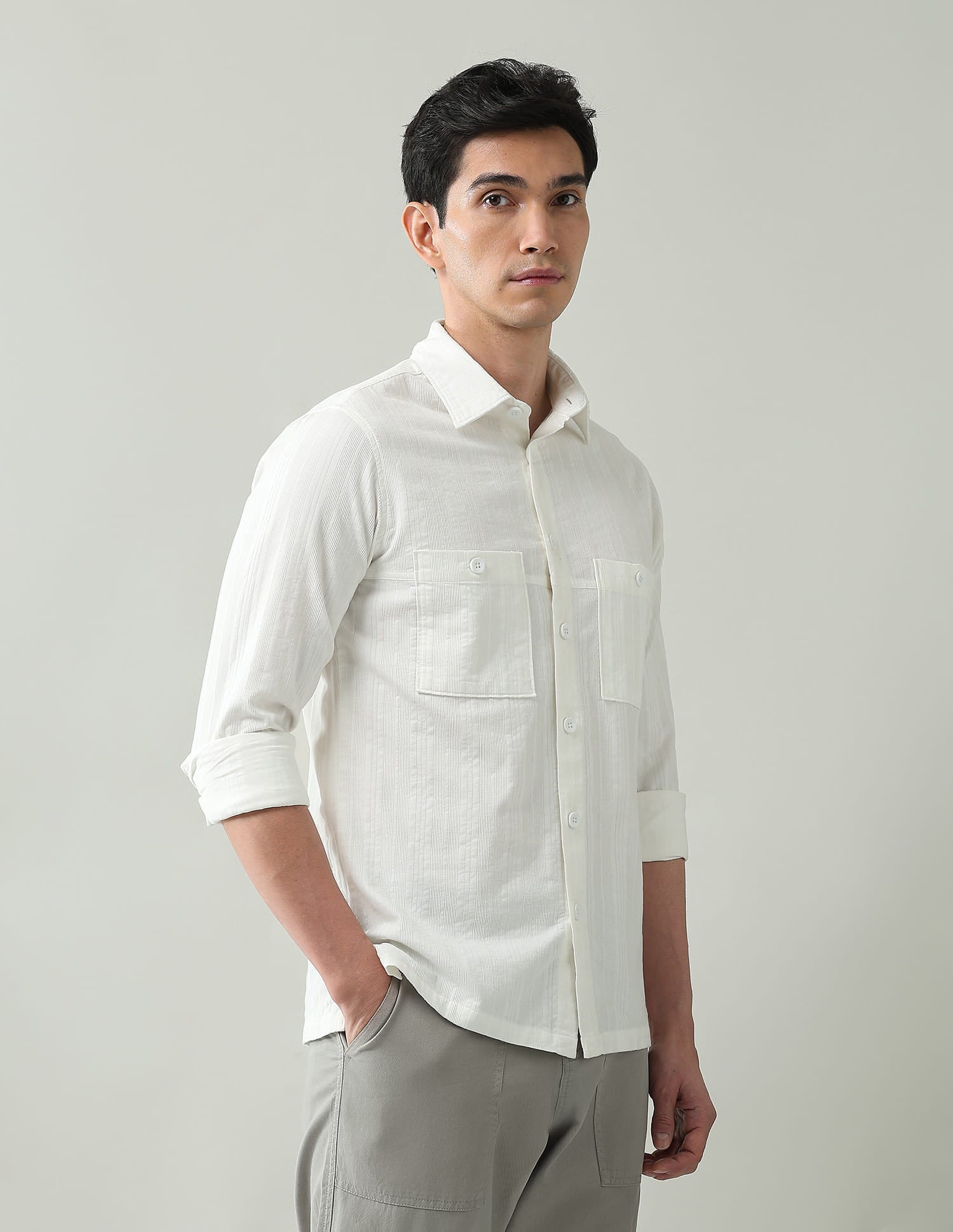 Noir Luxe Vertical Striped Slim Fit Dobby Weave Shirt