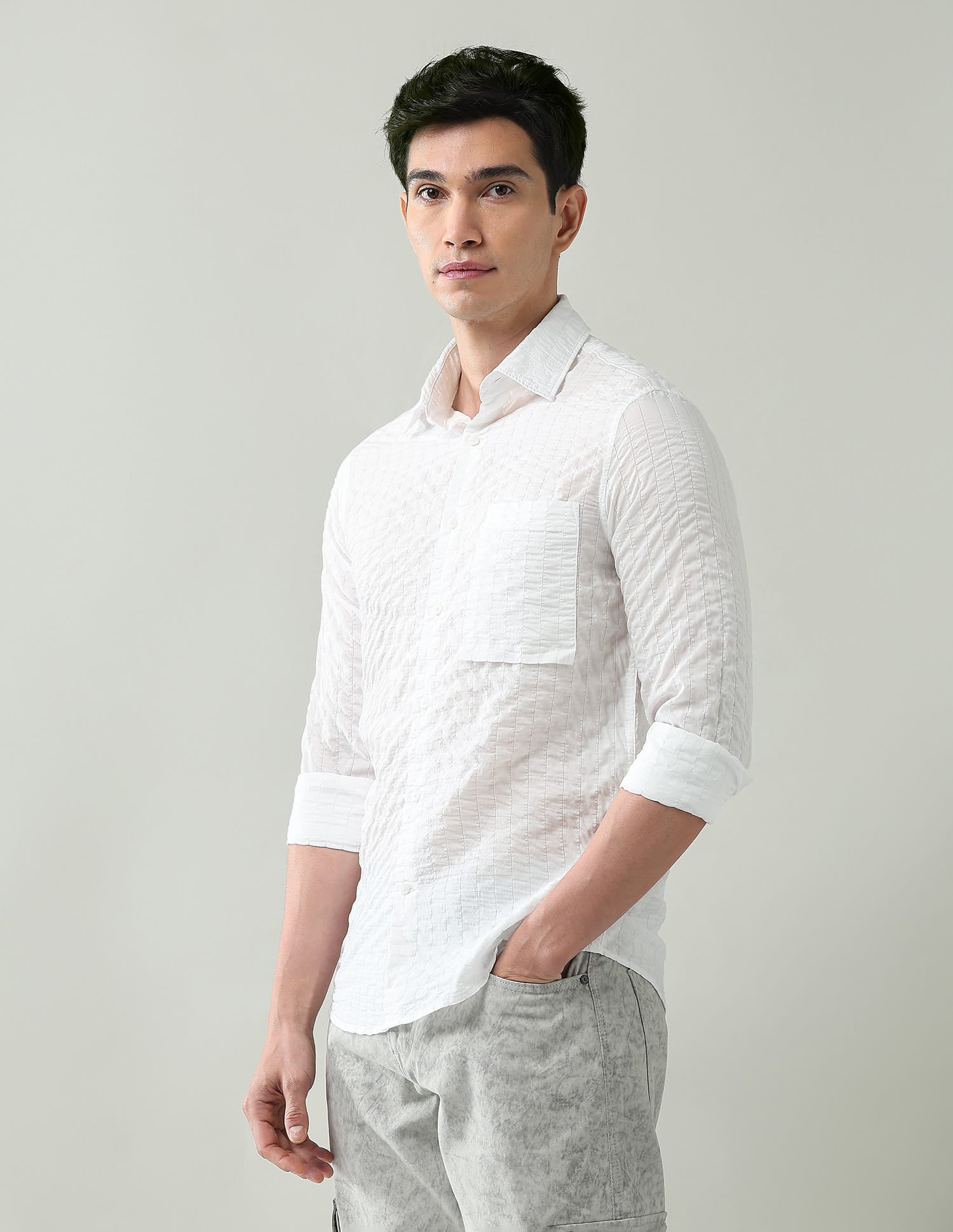 Noir Luxe Vertical Striped Slim Fit Dobby Weave Shirt