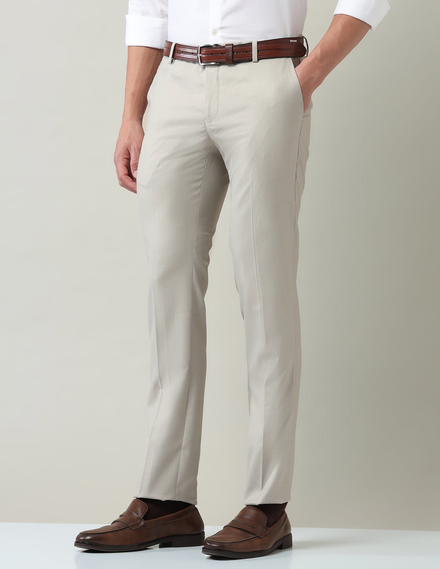 Work Essentials Solid Slim Fit Dobby Trousers