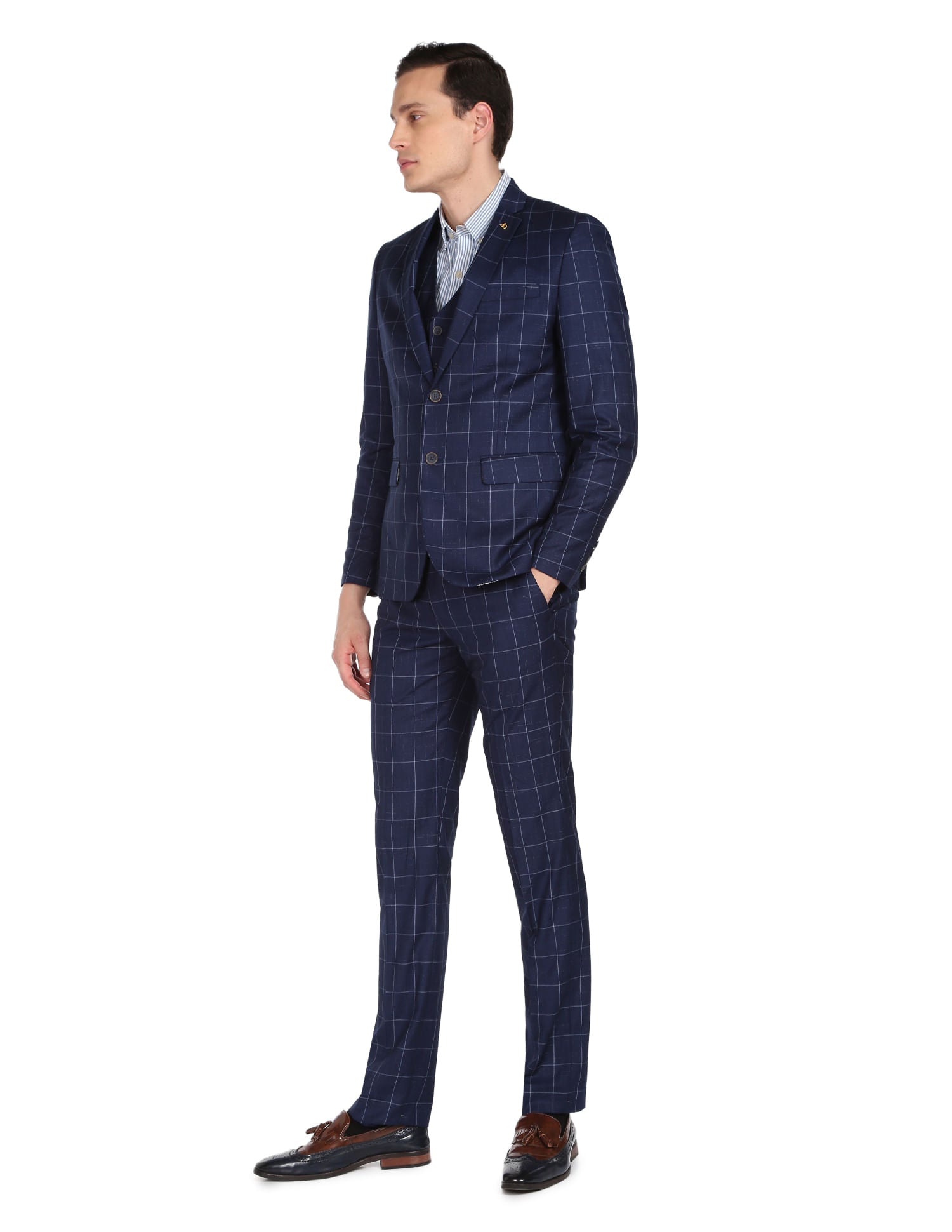 Office Staple Tailored Fit Windowpane Check Three Piece Suit