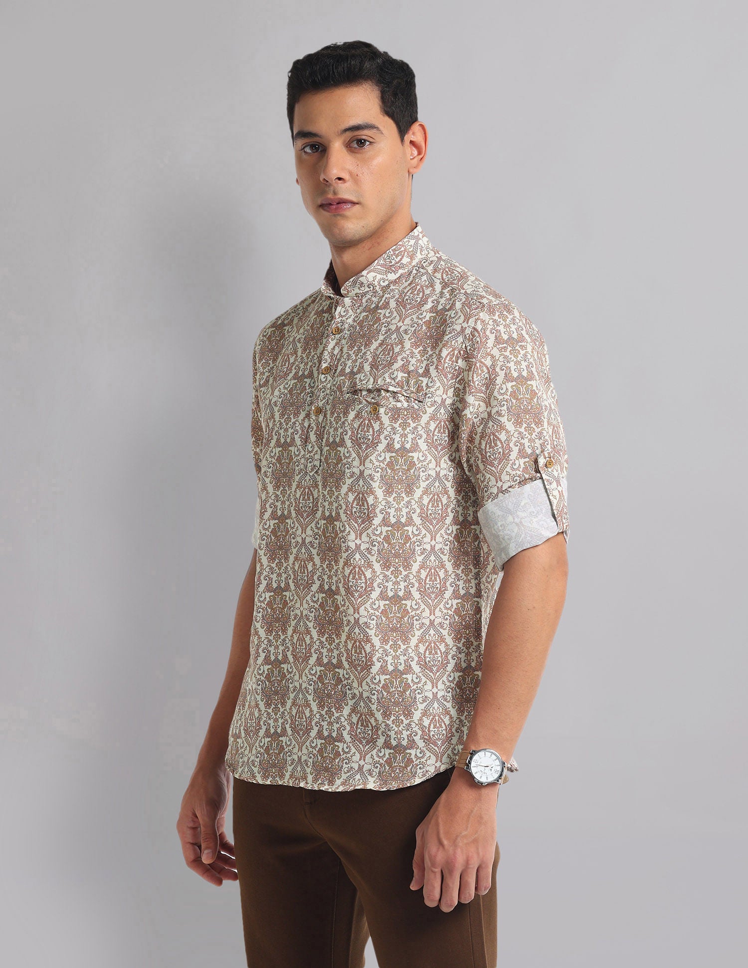 Paisley Motif Print Mandarin Collar Indie Shirt
