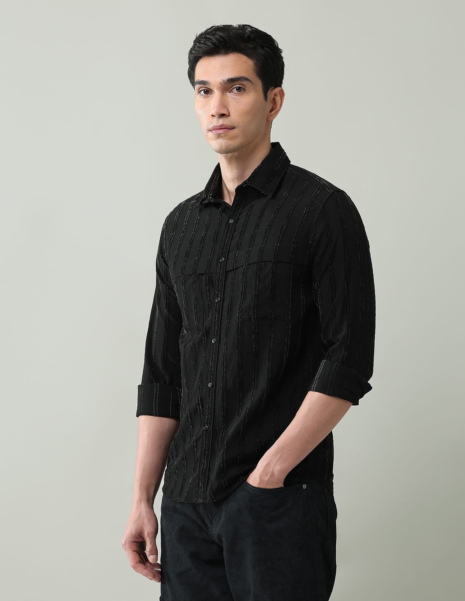 Noir Luxe Vertical Striped Slim Fit Dobby Weave Shirt