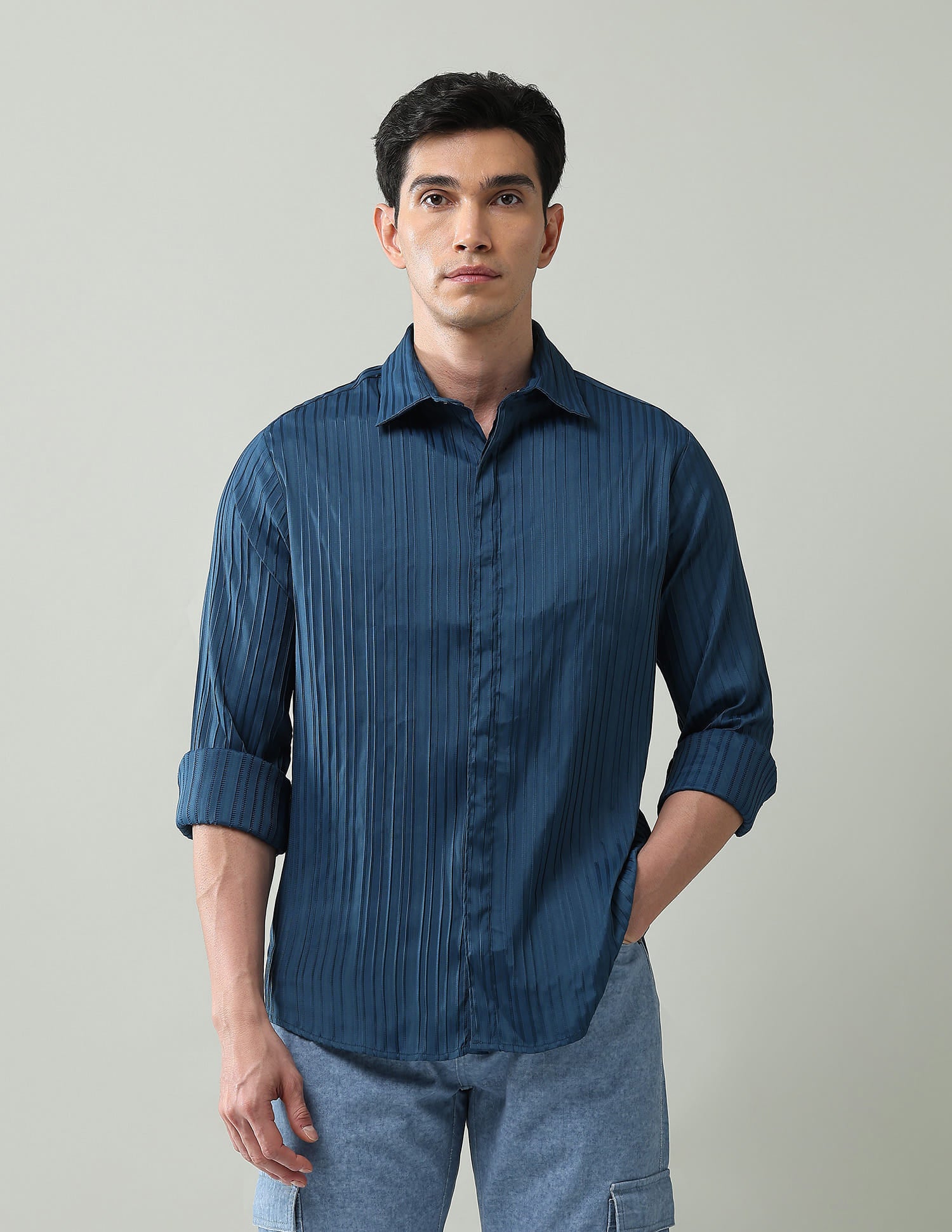 Noir Luxe Vertical Striped Slim Fit Dobby Weave Shirt